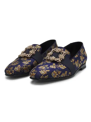 Manolo Blahnik Men's Carlton Crystal-Buckle Brocade Loafers - Navy Blue - Size 8 | Thumbnail 2 Manolo Blahnik Men's Carlton Crystal-Buckle Brocade Loafers - Navy Blue - Size 8 | Thumbnail 2