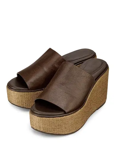 Brunello Cucinelli Women's 80MM Leather-Raffia Wedge Sandals - Cocoa | Thumbnail 2 Brunello Cucinelli Women's 80MM Leather-Raffia Wedge Sandals - Cocoa | Thumbnail 2
