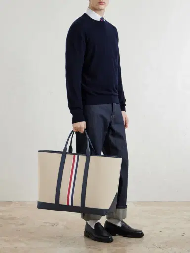 Thom Browne Full-Grain Leather-Trimmed Cotton-Canvas Tote Bag - Men | Thumbnail 2 Thom Browne Full-Grain Leather-Trimmed Cotton-Canvas Tote Bag - Men | Thumbnail 2
