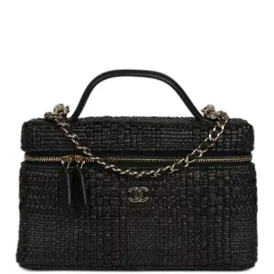 Chanel Chanel Top Handle Long Vanity Case with Chain Black Braided Raffia Light Gold Hardware | Thumbnail 1 Chanel Chanel Top Handle Long Vanity Case with Chain Black Braided Raffia Light Gold Hardware | Thumbnail 1
