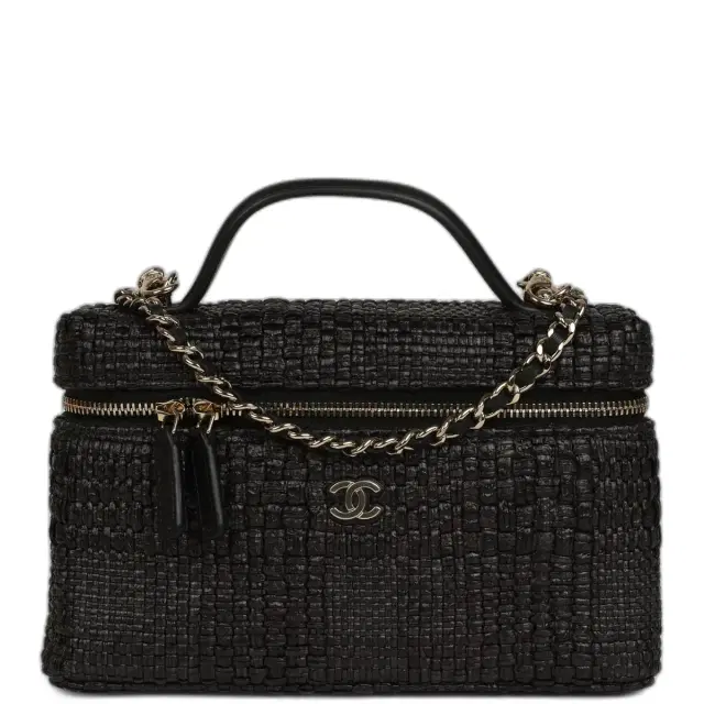Chanel Top Handle Long Vanity Case with Chain Black Braided Raffia Light Gold Hardware Chanel Top Handle Long Vanity Case with Chain Black Braided Raffia Light Gold Hardware