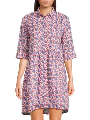 Ro's Garden Women's Deauville Geometric-Print Cotton Mini-Shirtdress - Nissa Burgundy | Thumbnail 3 Ro's Garden Women's Deauville Geometric-Print Cotton Mini-Shirtdress - Nissa Burgundy | Thumbnail 3