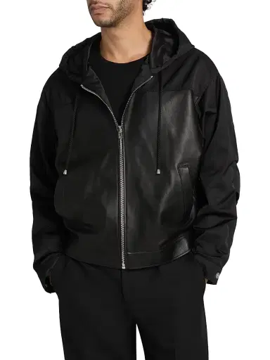 EZR Men's Mixed-Media Leather Zip-Front Hoodie - Black | Thumbnail 3 EZR Men's Mixed-Media Leather Zip-Front Hoodie - Black | Thumbnail 3