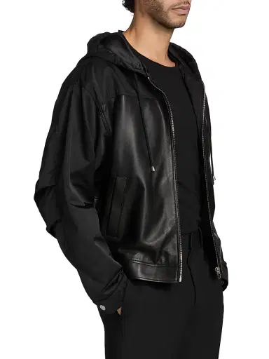 EZR Men's Mixed-Media Leather Zip-Front Hoodie - Black | Thumbnail 4 EZR Men's Mixed-Media Leather Zip-Front Hoodie - Black | Thumbnail 4