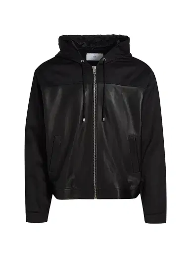 EZR Men's Mixed-Media Leather Zip-Front Hoodie - Black | Thumbnail 1 EZR Men's Mixed-Media Leather Zip-Front Hoodie - Black | Thumbnail 1