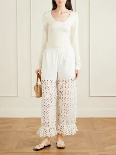 Sea Leila Broderie Anglaise-trimmed Cotton And Linen-blend Wide-leg Pants | Thumbnail 2 Sea Leila Broderie Anglaise-trimmed Cotton And Linen-blend Wide-leg Pants | Thumbnail 2