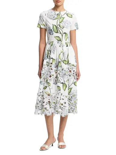 Oscar de la Renta Women's Porcelain Flowers Embroidered Day Midi-Dress - Denim White | Thumbnail 2 Oscar de la Renta Women's Porcelain Flowers Embroidered Day Midi-Dress - Denim White | Thumbnail 2