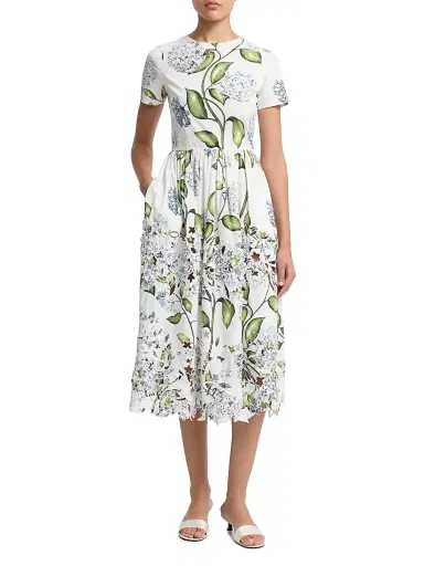 Oscar de la Renta Women's Porcelain Flowers Embroidered Day Midi-Dress - Denim White | Thumbnail 3 Oscar de la Renta Women's Porcelain Flowers Embroidered Day Midi-Dress - Denim White | Thumbnail 3