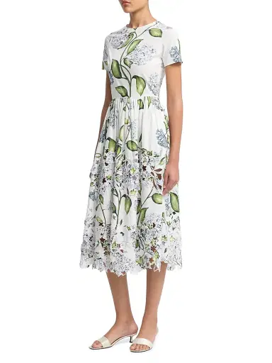 Oscar de la Renta Women's Porcelain Flowers Embroidered Day Midi-Dress - Denim White | Thumbnail 4 Oscar de la Renta Women's Porcelain Flowers Embroidered Day Midi-Dress - Denim White | Thumbnail 4