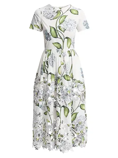 Oscar de la Renta Women's Porcelain Flowers Embroidered Day Midi-Dress - Denim White | Thumbnail 1 Oscar de la Renta Women's Porcelain Flowers Embroidered Day Midi-Dress - Denim White | Thumbnail 1