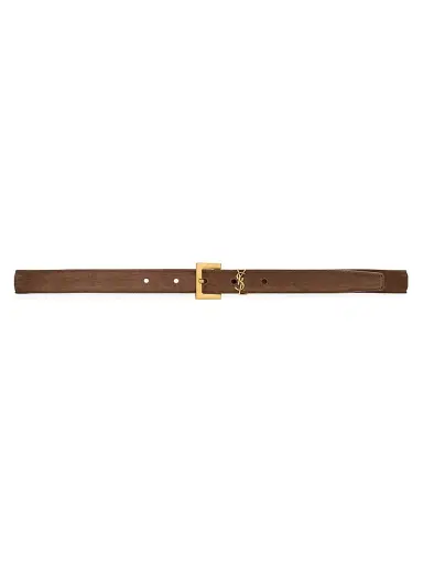 Saint Laurent Women's Cassandre Thin Belt in Suede - Brown Coffee | Thumbnail 1 Saint Laurent Women's Cassandre Thin Belt in Suede - Brown Coffee | Thumbnail 1