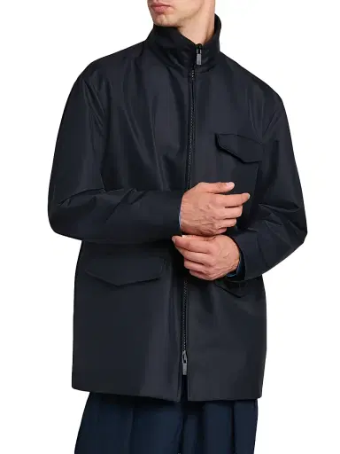 Giorgio Armani Men's Stand-Collar Silk-Blend Peacoat - Solid Blue - Size 42 | Thumbnail 3 Giorgio Armani Men's Stand-Collar Silk-Blend Peacoat - Solid Blue - Size 42 | Thumbnail 3