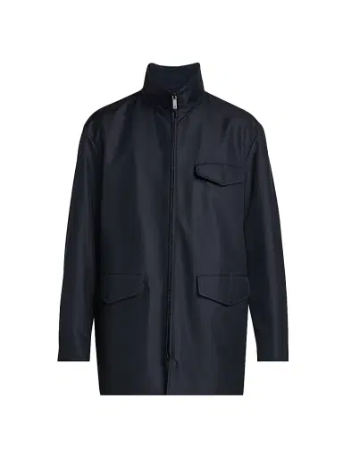 Giorgio Armani Men's Stand-Collar Silk-Blend Peacoat - Solid Blue - Size 42 | Thumbnail 1 Giorgio Armani Men's Stand-Collar Silk-Blend Peacoat - Solid Blue - Size 42 | Thumbnail 1
