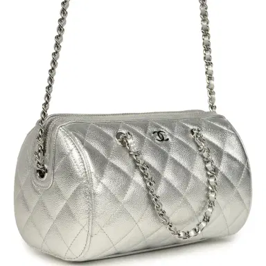 Chanel Chanel Mini Timeless Classic Barrel Bag with Chain Metallic Silver Shiny Caviar Silver Hardware | Thumbnail 2 Chanel Chanel Mini Timeless Classic Barrel Bag with Chain Metallic Silver Shiny Caviar Silver Hardware | Thumbnail 2