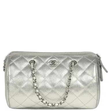 Chanel Chanel Mini Timeless Classic Barrel Bag with Chain Metallic Silver Shiny Caviar Silver Hardware | Thumbnail 1 Chanel Chanel Mini Timeless Classic Barrel Bag with Chain Metallic Silver Shiny Caviar Silver Hardware | Thumbnail 1