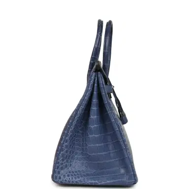 HERMÈS Pre-owned Hermes Birkin 35 Bleu Brighton Matte Porosus Crocodile Palladium Hardware | Thumbnail 3 HERMÈS Pre-owned Hermes Birkin 35 Bleu Brighton Matte Porosus Crocodile Palladium Hardware | Thumbnail 3