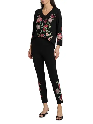 Johnny Was Women's Junie Embroidered Stretch-Cotton Leggings - Black | Thumbnail 2 Johnny Was Women's Junie Embroidered Stretch-Cotton Leggings - Black | Thumbnail 2