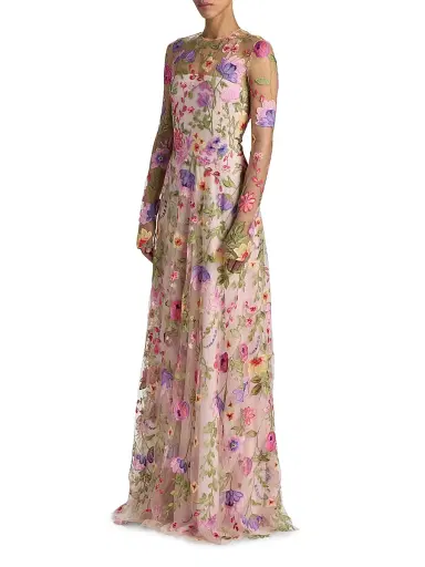 Naeem Khan Women's Floral-Embroidered Gown - Pink And Multi - Size 2 | Thumbnail 4 Naeem Khan Women's Floral-Embroidered Gown - Pink And Multi - Size 2 | Thumbnail 4