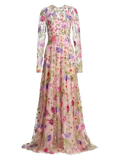 Naeem Khan Women's Floral-Embroidered Gown - Pink And Multi - Size 2 | Thumbnail 1 Naeem Khan Women's Floral-Embroidered Gown - Pink And Multi - Size 2 | Thumbnail 1