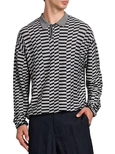 Giorgio Armani Men's Geometric-Print Virgin Wool-Blend Polo Sweater - Solid Medieval | Thumbnail 3 Giorgio Armani Men's Geometric-Print Virgin Wool-Blend Polo Sweater - Solid Medieval | Thumbnail 3
