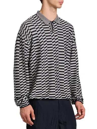 Giorgio Armani Men's Geometric-Print Virgin Wool-Blend Polo Sweater - Solid Medieval | Thumbnail 4 Giorgio Armani Men's Geometric-Print Virgin Wool-Blend Polo Sweater - Solid Medieval | Thumbnail 4