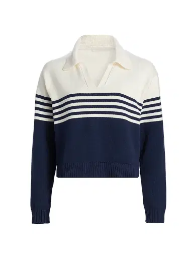 Simkhai Women's Jules Striped Cotton Polo Shirt - Midnight Stripe - Size Large | Thumbnail 1 Simkhai Women's Jules Striped Cotton Polo Shirt - Midnight Stripe - Size Large | Thumbnail 1