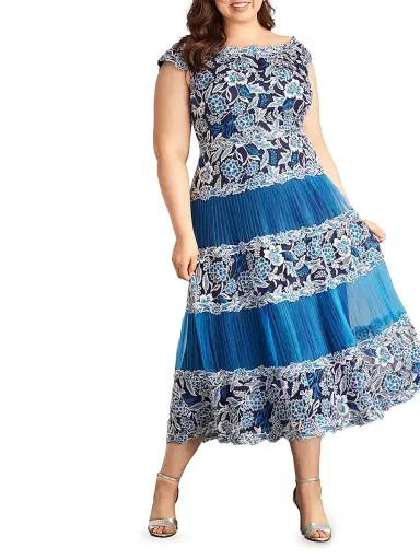 Tadashi Shoji Women's Plus Off-the-Shoulder Embroidered Midi-Dress - Pacific Blue | Thumbnail 2 Tadashi Shoji Women's Plus Off-the-Shoulder Embroidered Midi-Dress - Pacific Blue | Thumbnail 2