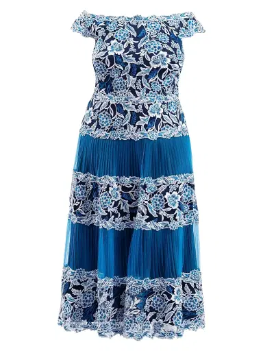 Tadashi Shoji Women's Plus Off-the-Shoulder Embroidered Midi-Dress - Pacific Blue | Thumbnail 1 Tadashi Shoji Women's Plus Off-the-Shoulder Embroidered Midi-Dress - Pacific Blue | Thumbnail 1