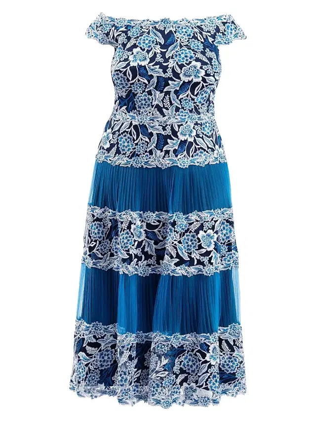 Women's Plus Off-the-Shoulder Embroidered Midi-Dress - Pacific Blue Women's Plus Off-the-Shoulder Embroidered Midi-Dress - Pacific Blue