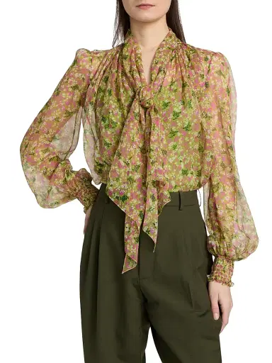 Burberry Women's Lila Ditsy Floral Silk Tie Blouse - Bracken Greenpat | Thumbnail 3 Burberry Women's Lila Ditsy Floral Silk Tie Blouse - Bracken Greenpat | Thumbnail 3