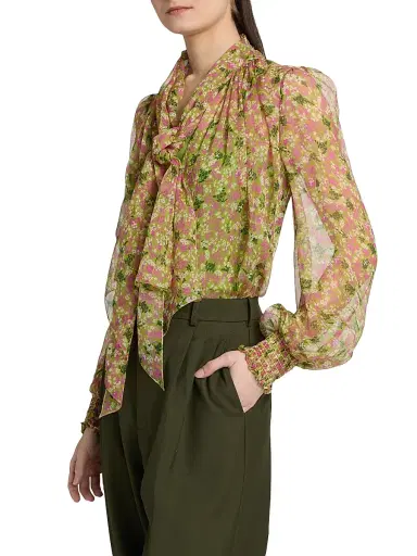 Burberry Women's Lila Ditsy Floral Silk Tie Blouse - Bracken Greenpat | Thumbnail 4 Burberry Women's Lila Ditsy Floral Silk Tie Blouse - Bracken Greenpat | Thumbnail 4