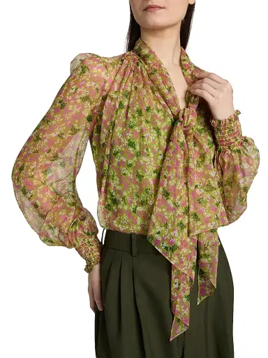 Burberry Women's Lila Ditsy Floral Silk Tie Blouse - Bracken Greenpat | Thumbnail 6 Burberry Women's Lila Ditsy Floral Silk Tie Blouse - Bracken Greenpat | Thumbnail 6