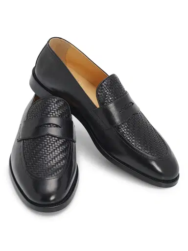 Brunello Cucinelli Men's Woven Leather Penny Loafers - Black | Thumbnail 5 Brunello Cucinelli Men's Woven Leather Penny Loafers - Black | Thumbnail 5