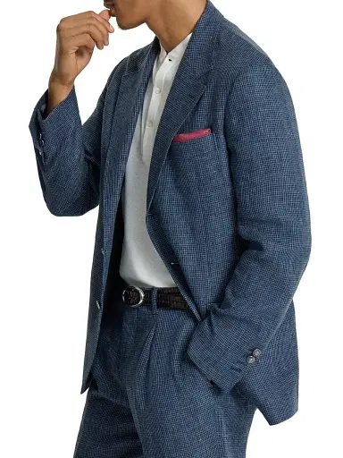Brunello Cucinelli Men's Linen Houndstooth Deconstructed Cavallo Blazer with Metal Buttons - Denim - Size 46 | Thumbnail 3 Brunello Cucinelli Men's Linen Houndstooth Deconstructed Cavallo Blazer with Metal Buttons - Denim - Size 46 | Thumbnail 3