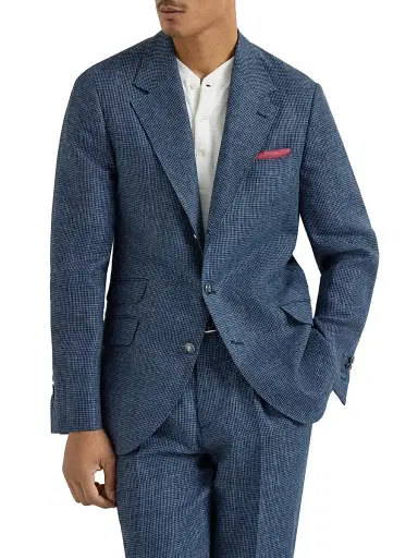 Brunello Cucinelli Men's Linen Houndstooth Deconstructed Cavallo Blazer with Metal Buttons - Denim - Size 46 | Thumbnail 1 Brunello Cucinelli Men's Linen Houndstooth Deconstructed Cavallo Blazer with Metal Buttons - Denim - Size 46 | Thumbnail 1