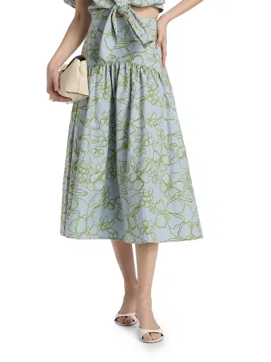 Cinq à Sept Women's Zoanne Linework Floral-Embroidered Cotton Midi-Skirt - Bluebell Pear Green | Thumbnail 3 Cinq à Sept Women's Zoanne Linework Floral-Embroidered Cotton Midi-Skirt - Bluebell Pear Green | Thumbnail 3