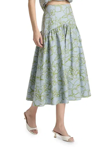 Cinq à Sept Women's Zoanne Linework Floral-Embroidered Cotton Midi-Skirt - Bluebell Pear Green | Thumbnail 4 Cinq à Sept Women's Zoanne Linework Floral-Embroidered Cotton Midi-Skirt - Bluebell Pear Green | Thumbnail 4