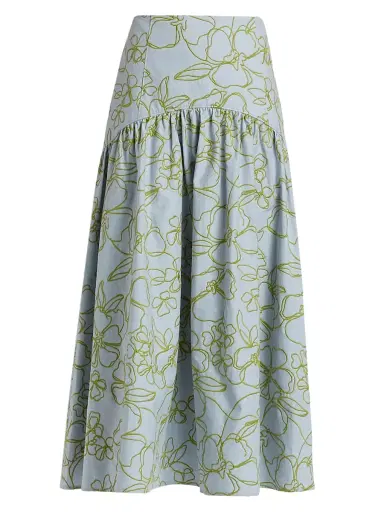 Cinq à Sept Women's Zoanne Linework Floral-Embroidered Cotton Midi-Skirt - Bluebell Pear Green | Thumbnail 1 Cinq à Sept Women's Zoanne Linework Floral-Embroidered Cotton Midi-Skirt - Bluebell Pear Green | Thumbnail 1