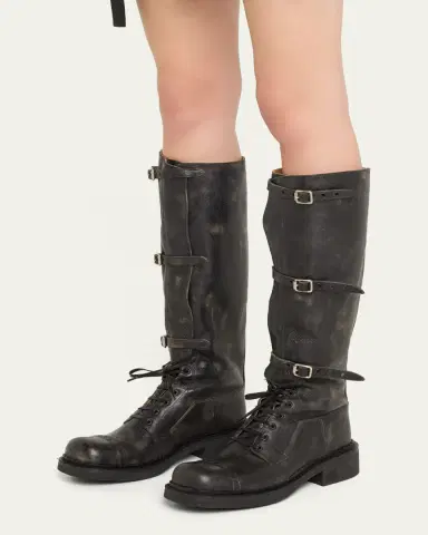 Miu Miu Antic Buckle Distressed Leather Knee-High Boots | Thumbnail 2 Miu Miu Antic Buckle Distressed Leather Knee-High Boots | Thumbnail 2
