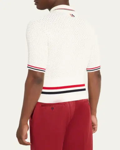 Thom Browne Men's Float Ripple Stitch RWB Stripe Polo Shirt | Thumbnail 3 Thom Browne Men's Float Ripple Stitch RWB Stripe Polo Shirt | Thumbnail 3
