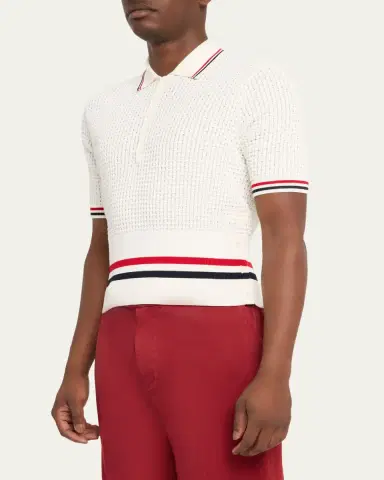 Thom Browne Men's Float Ripple Stitch RWB Stripe Polo Shirt | Thumbnail 4 Thom Browne Men's Float Ripple Stitch RWB Stripe Polo Shirt | Thumbnail 4