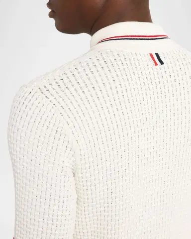Thom Browne Men's Float Ripple Stitch RWB Stripe Polo Shirt | Thumbnail 9 Thom Browne Men's Float Ripple Stitch RWB Stripe Polo Shirt | Thumbnail 9