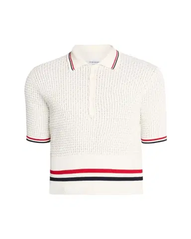 Thom Browne Men's Float Ripple Stitch RWB Stripe Polo Shirt | Thumbnail 1 Thom Browne Men's Float Ripple Stitch RWB Stripe Polo Shirt | Thumbnail 1
