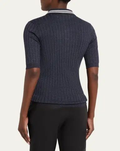 Brunello Cucinelli Shimmering Cashmere Rib Short-Sleeve Polo Sweater | Thumbnail 3 Brunello Cucinelli Shimmering Cashmere Rib Short-Sleeve Polo Sweater | Thumbnail 3