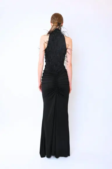 Lapointe Jersey Sleeveless Halter Ruched Gown With Feathers | Thumbnail 2 Lapointe Jersey Sleeveless Halter Ruched Gown With Feathers | Thumbnail 2