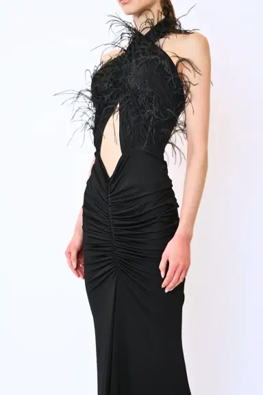 Lapointe Jersey Sleeveless Halter Ruched Gown With Feathers | Thumbnail 3 Lapointe Jersey Sleeveless Halter Ruched Gown With Feathers | Thumbnail 3