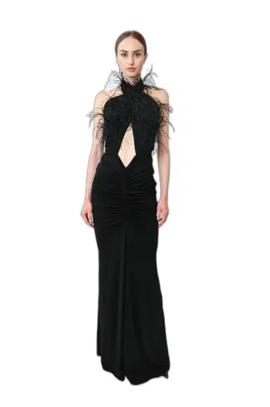 Lapointe Jersey Sleeveless Halter Ruched Gown With Feathers | Thumbnail 1 Lapointe Jersey Sleeveless Halter Ruched Gown With Feathers | Thumbnail 1