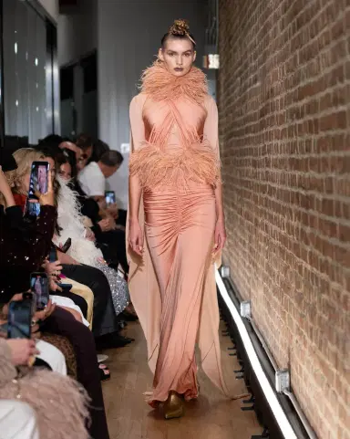 Lapointe Jersey Sleeveless Halter Ruched Gown With Feathers | Thumbnail 2 Lapointe Jersey Sleeveless Halter Ruched Gown With Feathers | Thumbnail 2