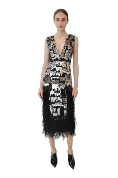 LAPOINTE V Neck Dress With Feathers | Thumbnail 1 LAPOINTE V Neck Dress With Feathers | Thumbnail 1