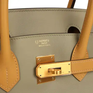 Madison Avenue Couture Pre-owned Hermes Special Order (HSS) Birkin 30 Gris Tourterelle and Paille Swift Brushed Gold Hardware | Thumbnail 7 Madison Avenue Couture Pre-owned Hermes Special Order (HSS) Birkin 30 Gris Tourterelle and Paille Swift Brushed Gold Hardware | Thumbnail 7